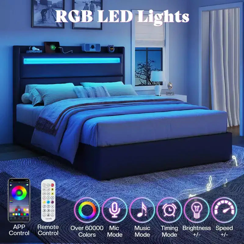 Cadre de lit plateforme rembourré avec tête de lit LED, 4 tiroirs pliables