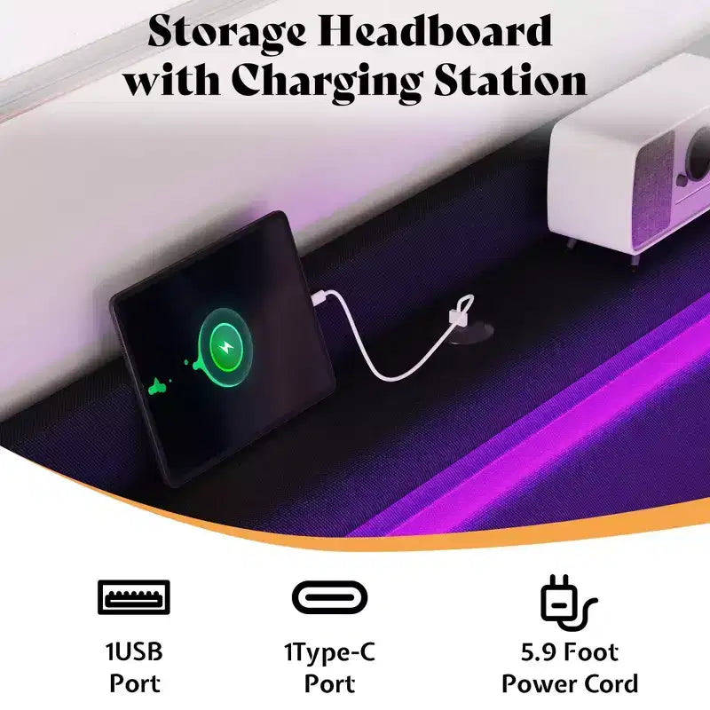 Cadre de lit plateforme rembourré avec tête de lit LED, 4 tiroirs pliables