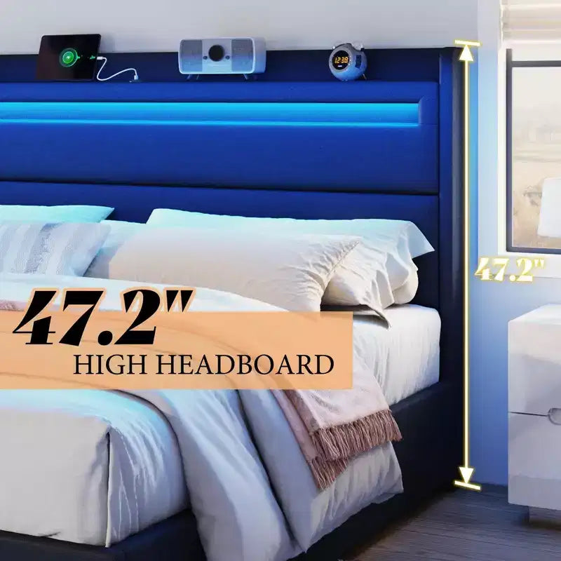 Cadre de lit plateforme rembourré avec tête de lit LED, 4 tiroirs pliables