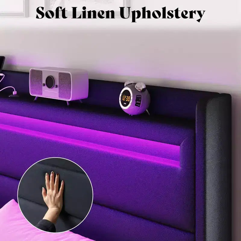 Cadre de lit plateforme rembourré avec tête de lit LED, 4 tiroirs pliables