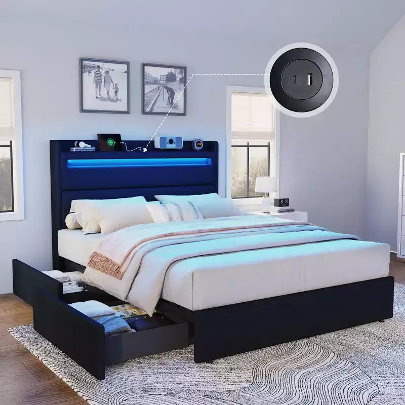 Cadre de lit plateforme rembourré avec tête de lit LED, 4 tiroirs pliables