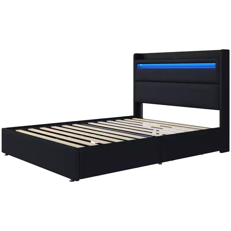 AMERLIFE Upholstered Platform Bed Frame with LED Headboard, 4 Foldable Drawers