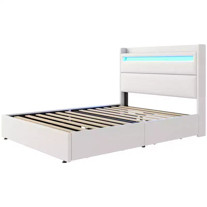 Cadre de lit plateforme rembourré avec tête de lit LED, 4 tiroirs pliables