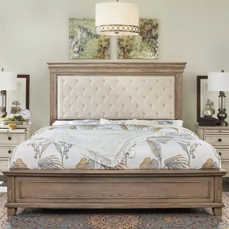 AMERLIFE 68.1 H Bed Frame with Upholstered Headboard, Farmhouse Platform Bed, Light Oak