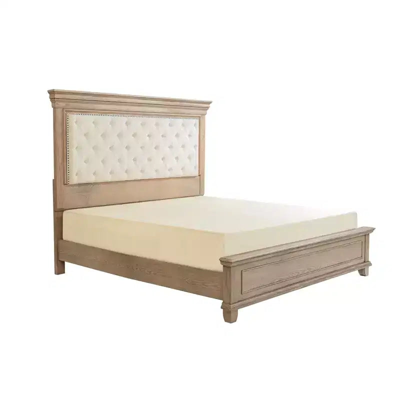 Cadre de lit 68,1 H avec tête de lit capitonnée, lit plateforme de style rustique, chêne clair