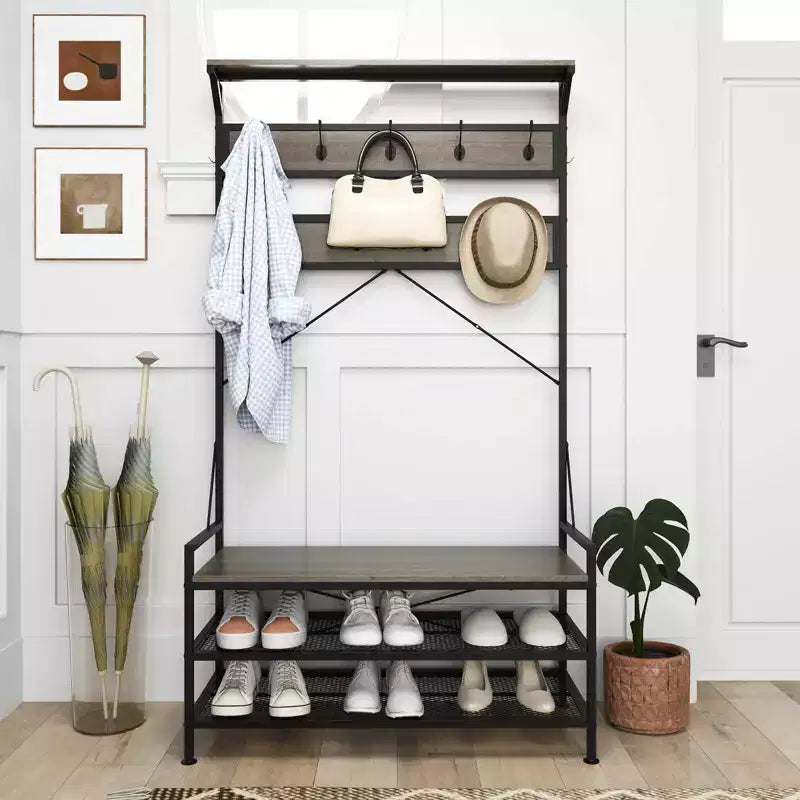 Porte-manteau 4-en-1 avec 11 crochets, banc à chaussures, étagère à chaussures à 2 niveaux Gris/Marron