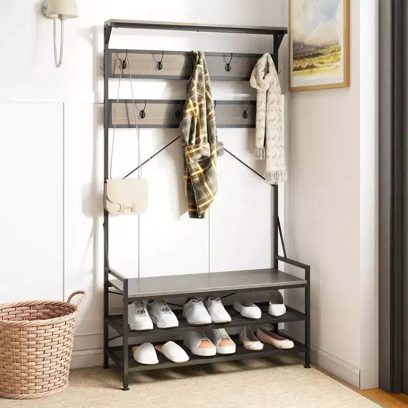 Porte-manteau 4-en-1 avec 11 crochets, banc à chaussures, étagère à chaussures à 2 niveaux Gris/Marron