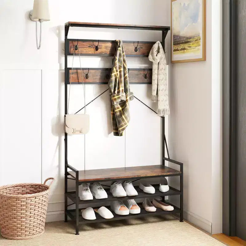 Porte-manteau 4-en-1 avec 11 crochets, banc à chaussures, étagère à chaussures à 2 niveaux Gris/Marron