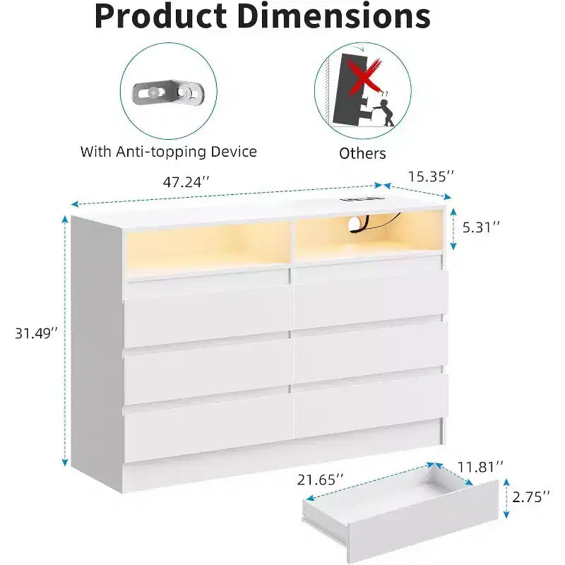 Commode double 6 tiroirs avec prise de courant, commode d'appoint avec éclairage LED, commode de rangement blanche moderne avec station de charge