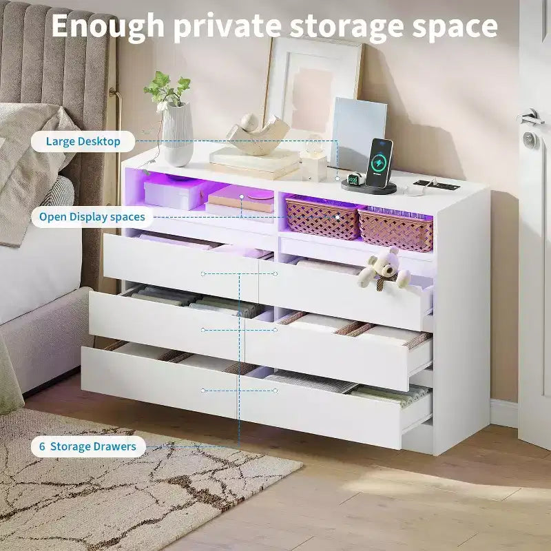 Commode double 6 tiroirs avec prise de courant, commode d'appoint avec éclairage LED, commode de rangement blanche moderne avec station de charge