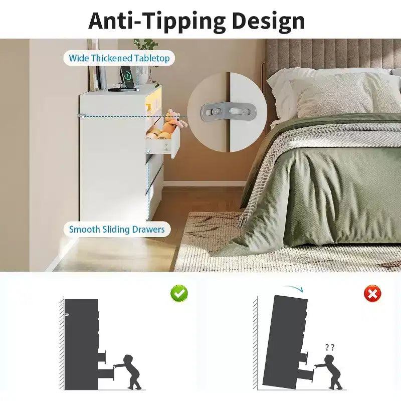 Commode double 6 tiroirs avec prise de courant, commode d'appoint avec éclairage LED, commode de rangement blanche moderne avec station de charge