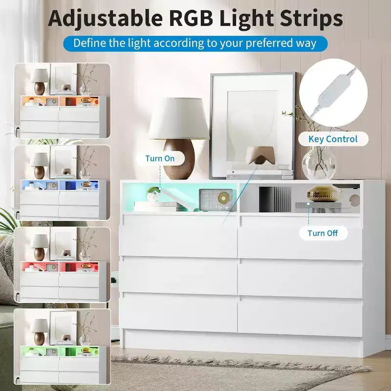 Commode double 6 tiroirs avec prise de courant, commode d'appoint avec éclairage LED, commode de rangement blanche moderne avec station de charge