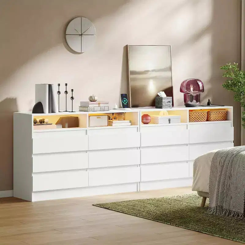 Commode double 6 tiroirs avec prise de courant, commode d'appoint avec éclairage LED, commode de rangement blanche moderne avec station de charge