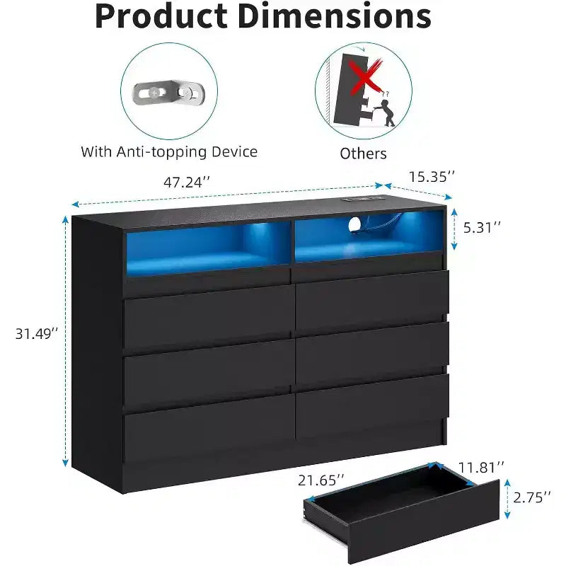 Commode double 6 tiroirs avec prise de courant, commode d'appoint avec éclairage LED, commode de rangement blanche moderne avec station de charge