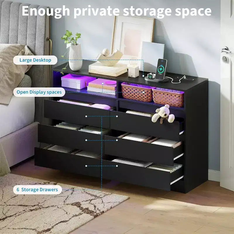 Commode double 6 tiroirs avec prise de courant, commode d'appoint avec éclairage LED, commode de rangement blanche moderne avec station de charge