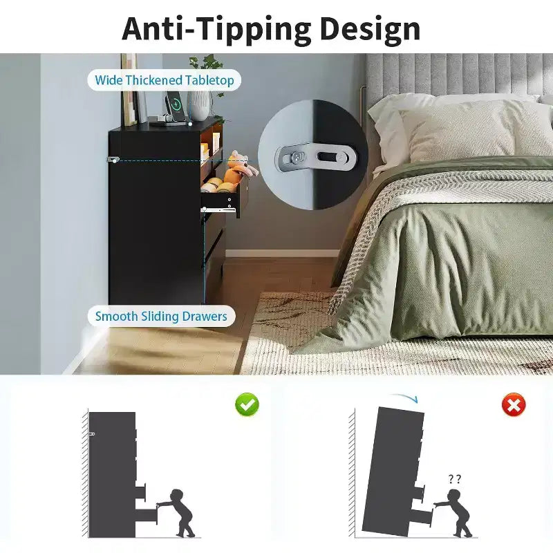 Commode double 6 tiroirs avec prise de courant, commode d'appoint avec éclairage LED, commode de rangement blanche moderne avec station de charge
