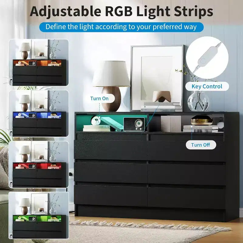 Commode double 6 tiroirs avec prise de courant, commode d'appoint avec éclairage LED, commode de rangement blanche moderne avec station de charge
