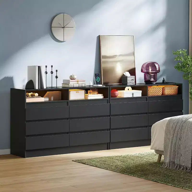 Commode double 6 tiroirs avec prise de courant, commode d'appoint avec éclairage LED, commode de rangement blanche moderne avec station de charge