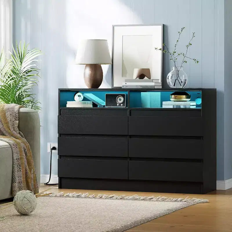 6 Drawer Double Dresser with Power Outlet, Accent Chests of Drawers with LED Light, Modern White Storage Dresser with Charging Station