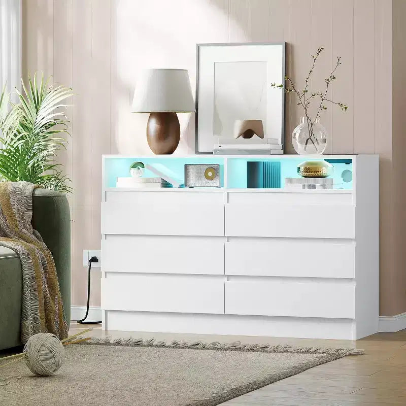 Commode double 6 tiroirs avec prise de courant, commode d'appoint avec éclairage LED, commode de rangement blanche moderne avec station de charge