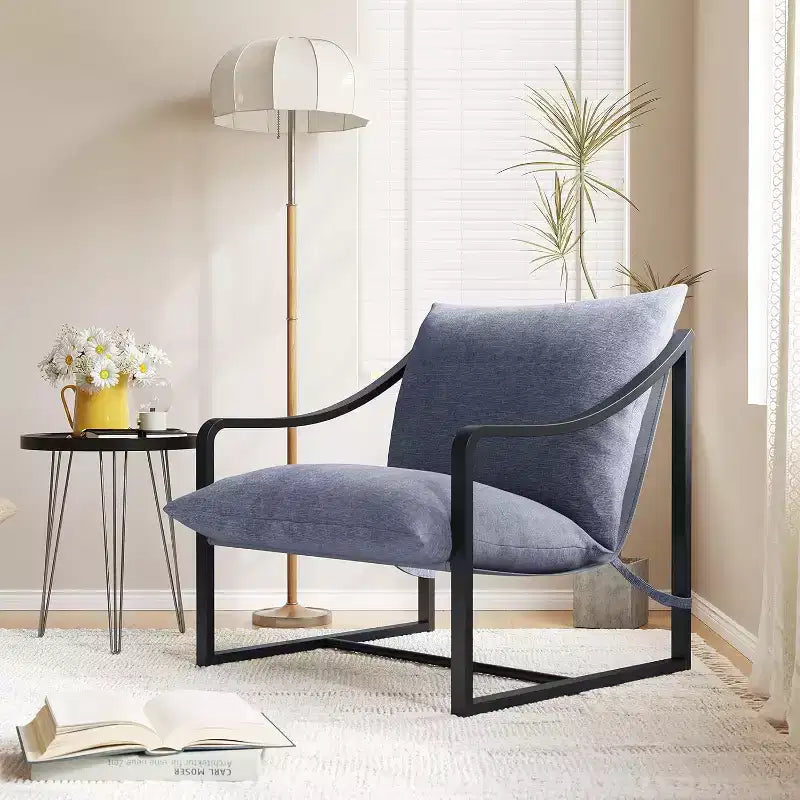 Lot de 2 fauteuils d'appoint modernes, fauteuils de lecture à structure métallique avec accoudoirs et coussin en mousse souple, fauteuils rembourrés de 127 kg pour salon, chambre à coucher