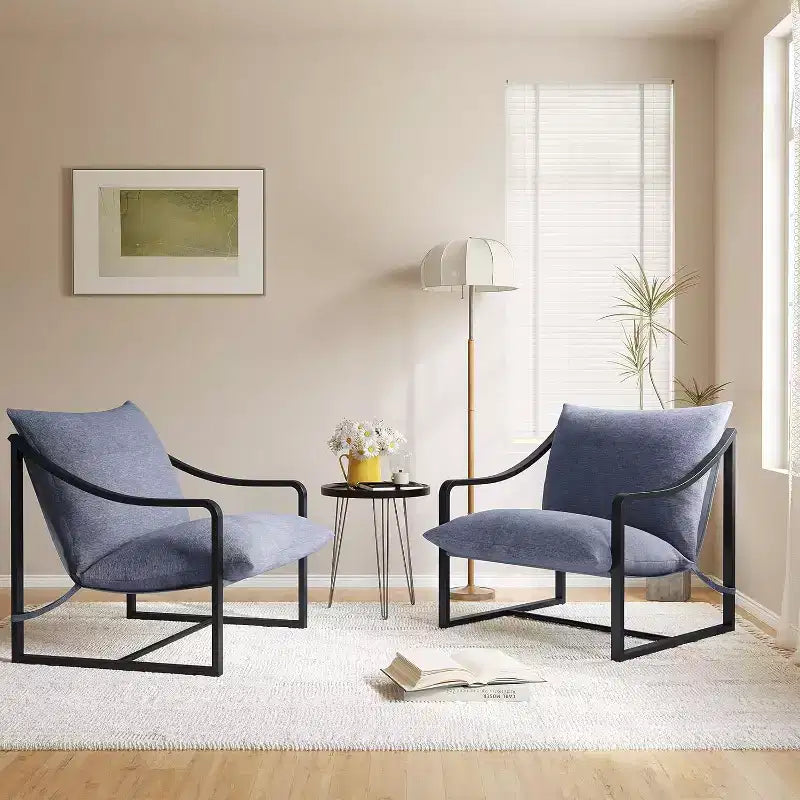 Modern Accent Chair Set of 2, Metal Frame Reading Chair with Armrest and Soft Foam Cushion, 280 Lbs Upholstered Sling Chairs for Living Room, Bedroom