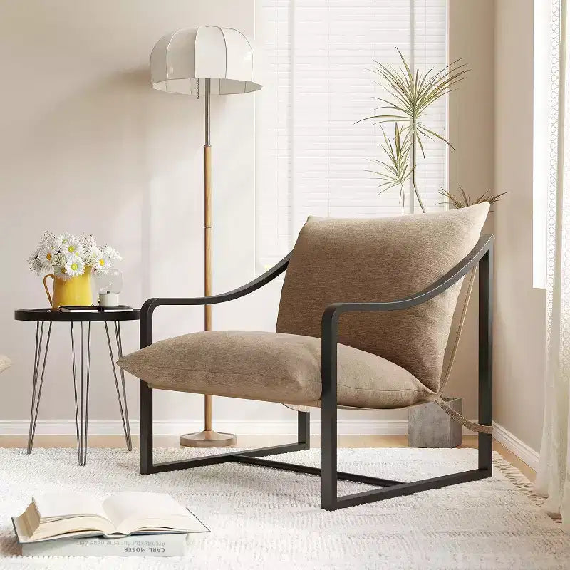 Lot de 2 fauteuils d'appoint modernes, fauteuils de lecture à structure métallique avec accoudoirs et coussin en mousse souple, fauteuils rembourrés de 127 kg pour salon, chambre à coucher