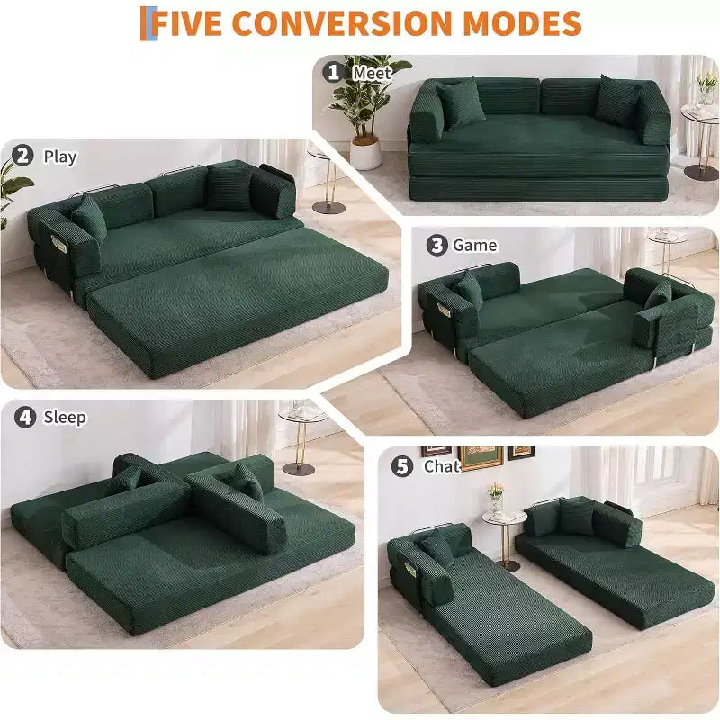 Canapé-lit convertible 5 en 1, canapé-lit modulaire en velours côtelé de 2 mètres avec cadre robuste, futon multifonctionnel pour petit espace, salon et chambre d'amis