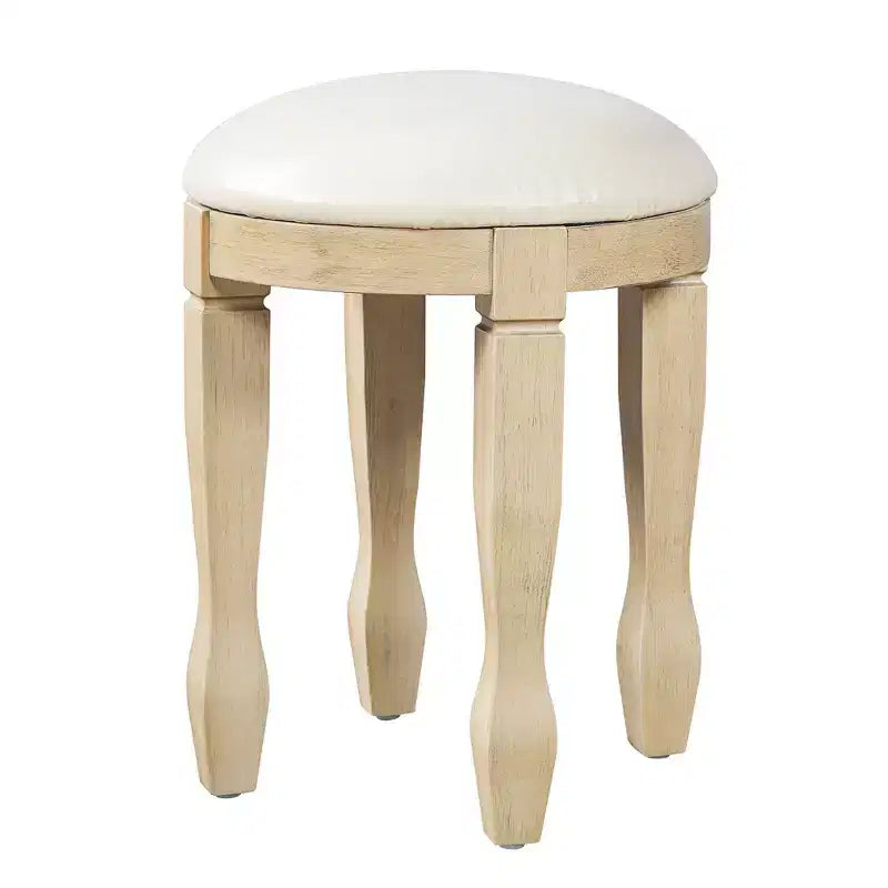 Coiffeuse Vintage avec Miroir à Cadre Floral Courbé, 5 Tiroirs et Tabouret en Cuir - Brun et Blanc Antique