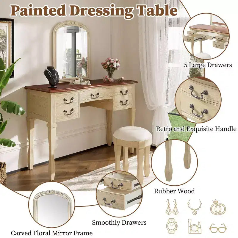 Coiffeuse Vintage avec Miroir à Cadre Floral Courbé, 5 Tiroirs et Tabouret en Cuir - Brun et Blanc Antique