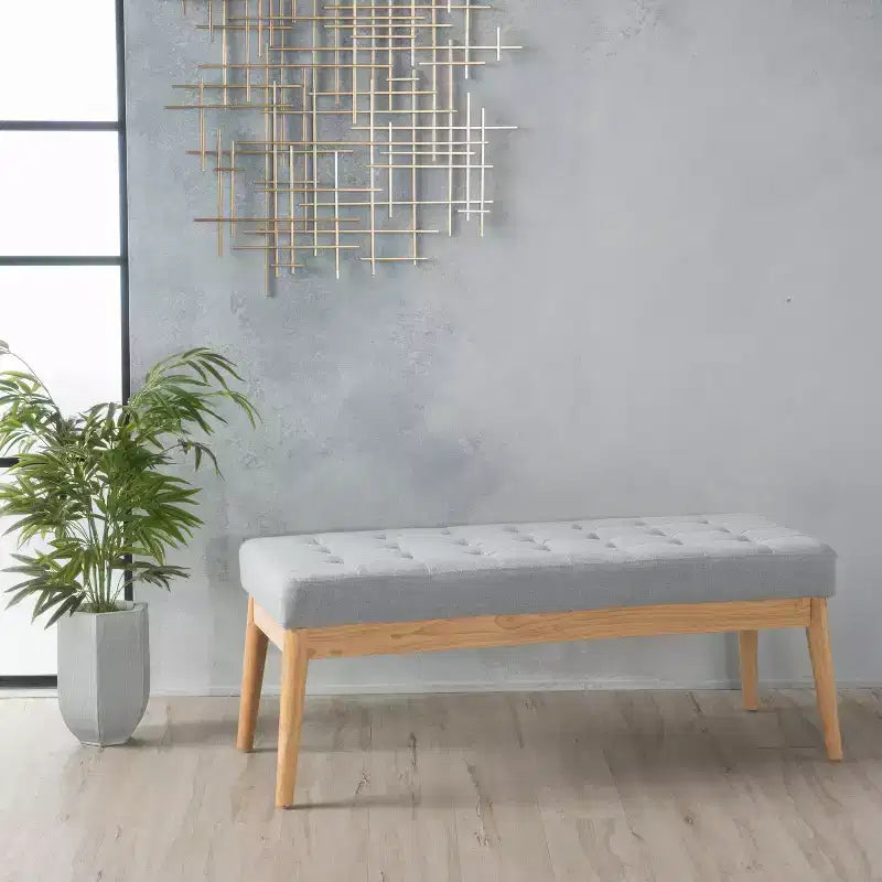 Banc d'entrée moderne avec cadre en bois, Pouf repose-pieds avec coussin, Banc de bout de lit pour salon, chambre