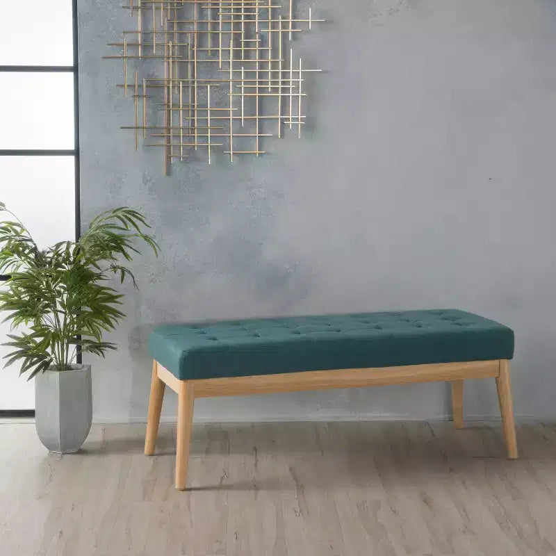 Banc d'entrée moderne avec cadre en bois, Pouf repose-pieds avec coussin, Banc de bout de lit pour salon, chambre