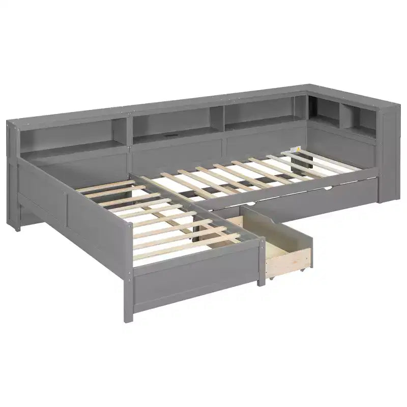 Lits jumeaux en L pour 2, lit d'angle avec lit gigogne et tiroir, lit en L taille jumeau avec étagère de rangement pour garçons et filles