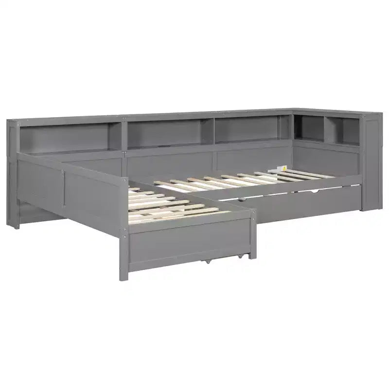 Lits jumeaux en L pour 2, lit d'angle avec lit gigogne et tiroir, lit en L taille jumeau avec étagère de rangement pour garçons et filles