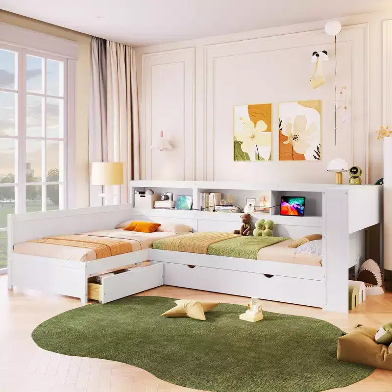 Lits jumeaux en L pour 2, lit d'angle avec lit gigogne et tiroir, lit en L taille jumeau avec étagère de rangement pour garçons et filles