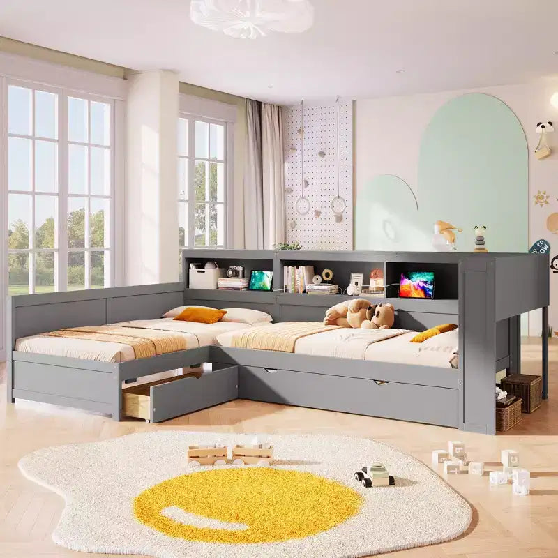 Lits jumeaux en L pour 2, lit d'angle avec lit gigogne et tiroir, lit en L taille jumeau avec étagère de rangement pour garçons et filles