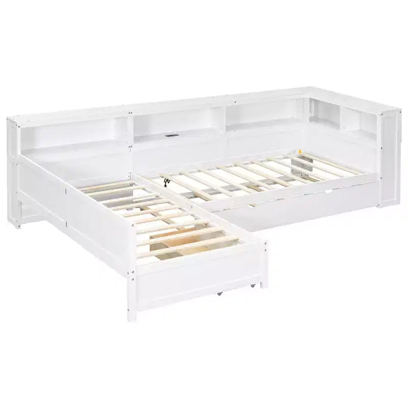 Lits jumeaux en L pour 2, lit d'angle avec lit gigogne et tiroir, lit en L taille jumeau avec étagère de rangement pour garçons et filles