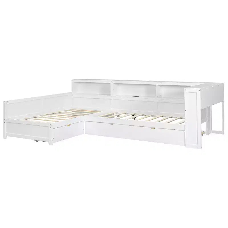 Lits jumeaux en L pour 2, lit d'angle avec lit gigogne et tiroir, lit en L taille jumeau avec étagère de rangement pour garçons et filles