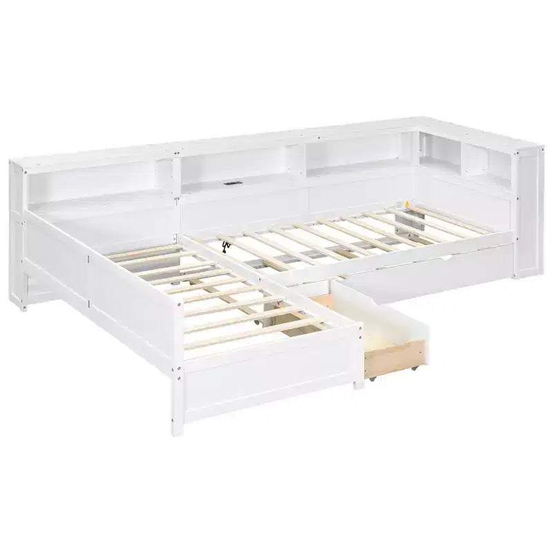 Lits jumeaux en L pour 2, lit d'angle avec lit gigogne et tiroir, lit en L taille jumeau avec étagère de rangement pour garçons et filles