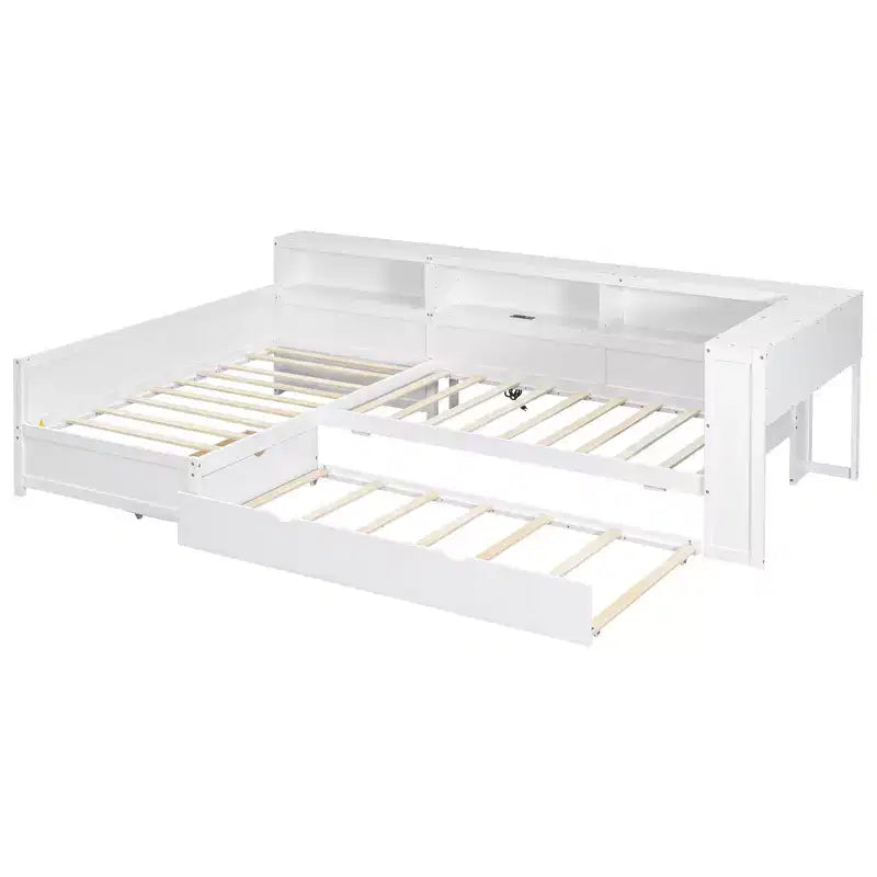Lits jumeaux en L pour 2, lit d'angle avec lit gigogne et tiroir, lit en L taille jumeau avec étagère de rangement pour garçons et filles