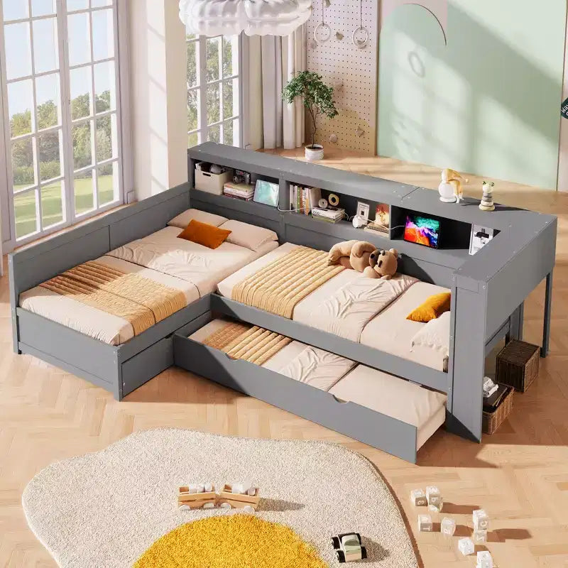 Lits jumeaux en L pour 2, lit d'angle avec lit gigogne et tiroir, lit en L taille jumeau avec étagère de rangement pour garçons et filles