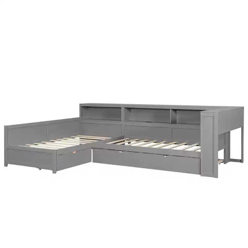 Lits jumeaux en L pour 2, lit d'angle avec lit gigogne et tiroir, lit en L taille jumeau avec étagère de rangement pour garçons et filles