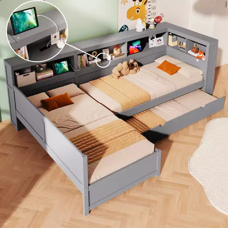 L Shaped Twin Beds for 2, Corner Bed with Trundle & Drawer, Twin Size L Shaped Bed with Storage Shelf for Boys and Girls
