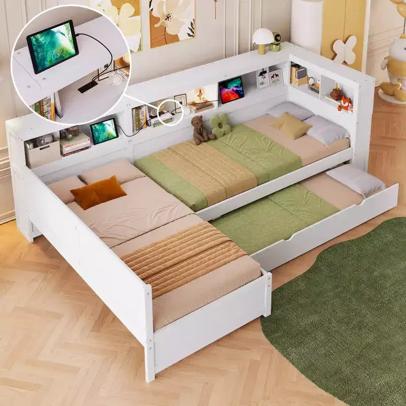 Lits jumeaux en L pour 2, lit d'angle avec lit gigogne et tiroir, lit en L taille jumeau avec étagère de rangement pour garçons et filles