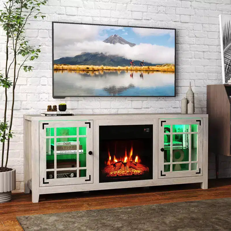 Meuble TV cheminée de 58 po avec lumières DEL et foyer électrique de 18 po, télécommandes brun rustique/gris clair/noir
