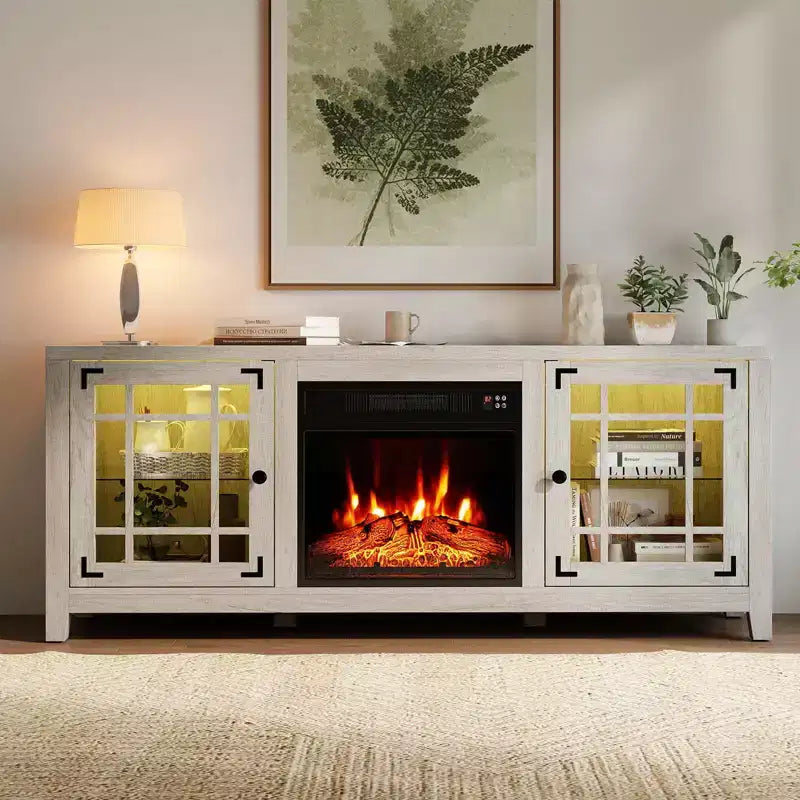 Meuble TV cheminée de 58 po avec lumières DEL et foyer électrique de 18 po, télécommandes brun rustique/gris clair/noir