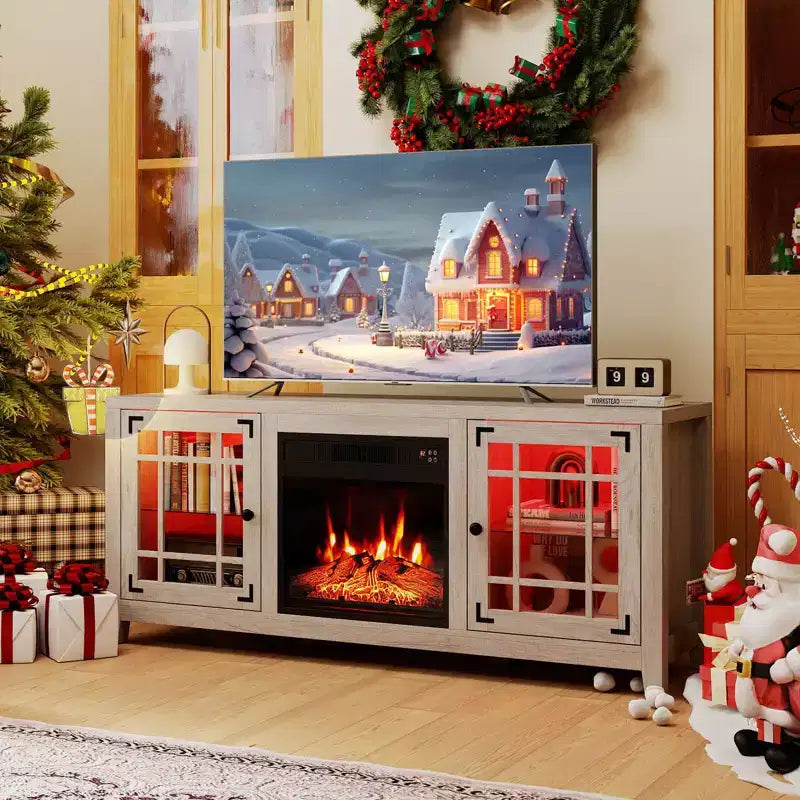 Meuble TV cheminée de 58 po avec lumières DEL et foyer électrique de 18 po, télécommandes brun rustique/gris clair/noir