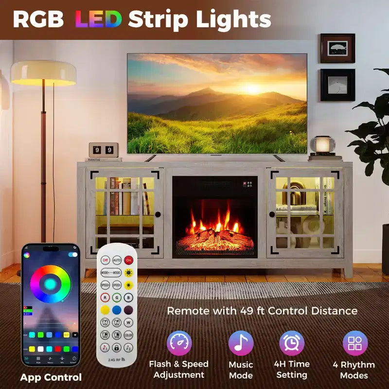 Meuble TV cheminée de 58 po avec lumières DEL et foyer électrique de 18 po, télécommandes brun rustique/gris clair/noir