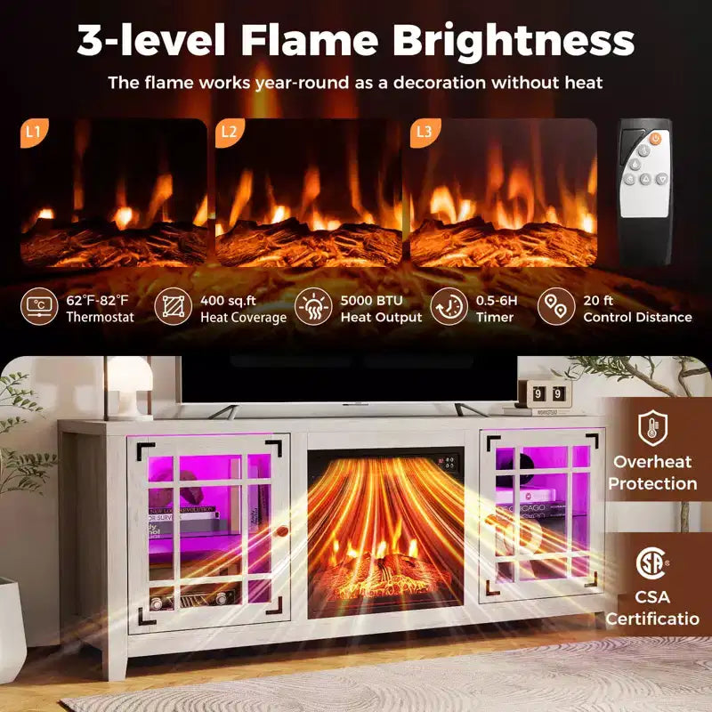 Meuble TV cheminée de 58 po avec lumières DEL et foyer électrique de 18 po, télécommandes brun rustique/gris clair/noir