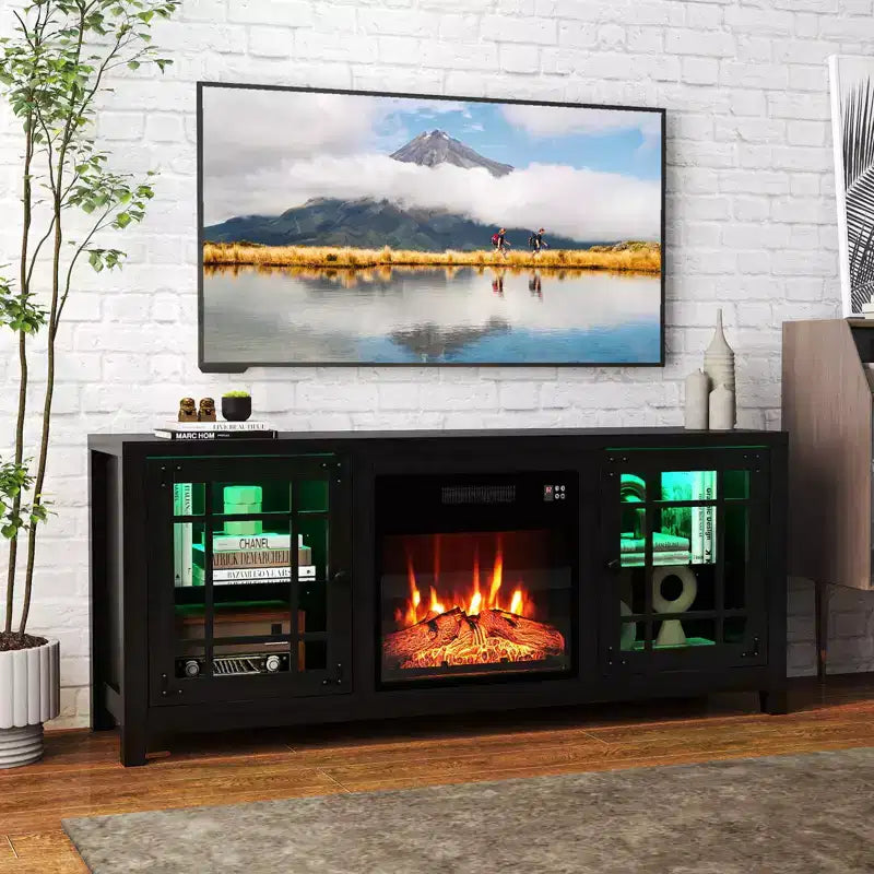 Meuble TV cheminée de 58 po avec lumières DEL et foyer électrique de 18 po, télécommandes brun rustique/gris clair/noir